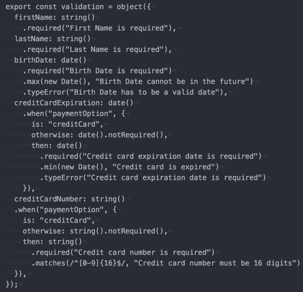 Sample: Full validation schema containing all of the fields validated above