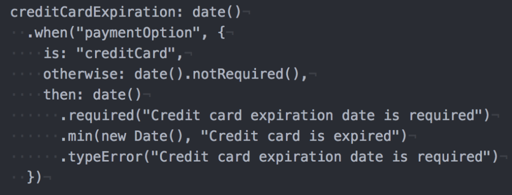 Sample: When you chose to pay with a credit card, then the expiration date is required, cannot be in the past, and has to be a real date